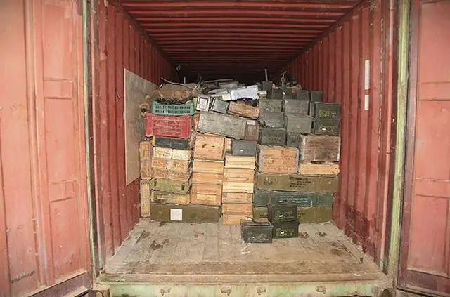 Crates of ammunition are seen inside one of the three freight containers that were found on the ship Letfallah II after it was intercepted off Lebanon's northern coast and diverted to Selaata port, north of Beirut, and later transferred to the naval base at the port of Beirut, in this handout picture released by the Lebanese Army website on April 28, 2012