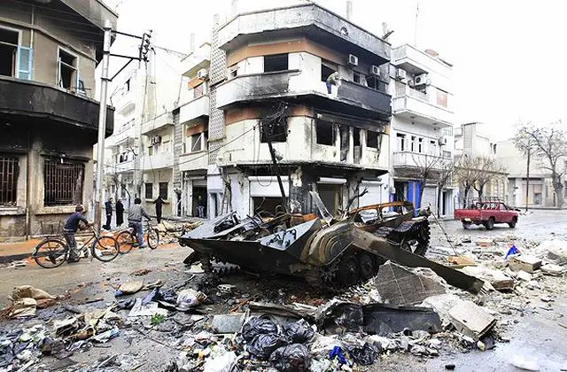 The Syrian army in Homs may not be in full control but soldiers are heavily present in the city’s main squares. A picture taken in the city of Homs shows a BMP-1 armoured infantry fighting vehicle of the Syrian army destroyed by the rebels.