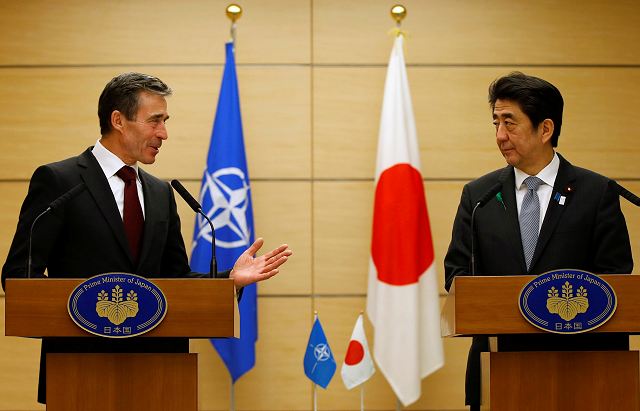 Visiting Secretary General of the North Atlantic Treaty Organization (NATO) Anders Rasmussen and Japanese Prime Minister Shinzo Abe met here Monday, April 15, 2013, to boost bilateral cooperation in security area, local media reported.
