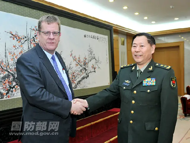 Qi Jianguo, deputy chief of general staff of the Chinese People's Liberation Army (PLA), met with Brendan Sargeant, the visiting deputy secretary strategy of the Australian Department of Defence, in Beijing, Thursday, May 2, 2013.
