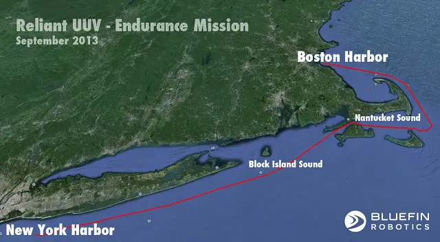 Bluefin Robotics, a leading provider of Unmanned Underwater Vehicles (UUVs), announced that the company, in support of the Naval Research Laboratory (NRL), has successfully completed a long-endurance UUV mission from Boston to New York totaling over 100 hours with NRL’s Reliant “Heavyweight” UUV. The multi-day mission exercised UUV autonomy methods and demonstrated the capability of a high capacity energy configuration. 