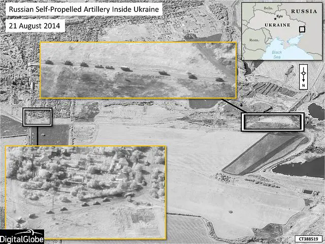 NATO released new satellite images on Thursday, 28 August 2014, that show Russian combat forces engaged in military operations inside the sovereign territory of Ukraine. The images, captured in late August, depict Russian self-propelled artillery units moving in a convoy through the Ukrainian countryside and then preparing for action by establishing firing positions in the area of Krasnodon, Ukraine.