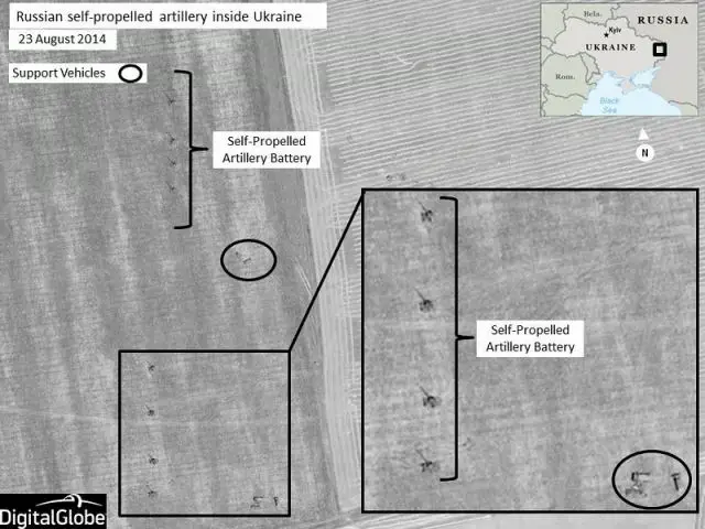 NATO released new satellite images on Thursday, 28 August 2014, that show Russian combat forces engaged in military operations inside the sovereign territory of Ukraine. The images, captured in late August, depict Russian self-propelled artillery units moving in a convoy through the Ukrainian countryside and then preparing for action by establishing firing positions in the area of Krasnodon, Ukraine.