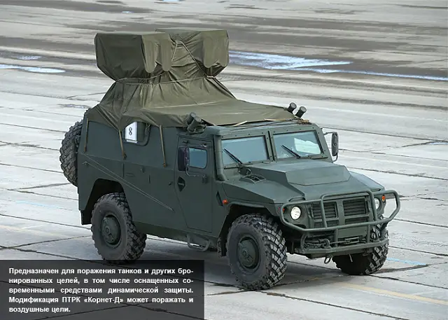 The Kornet-D on Tigr armoured vehicle is a new ATGM (Anti-Tank Guided Missile) platform. It uses Kornet-EM missiles in both tandem-HEAT or thermobaric variants.