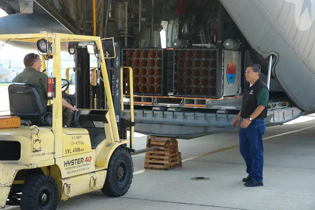 Ground support crew load a new launch system for testing sonobuoys onto a KC-130T aircraft at Naval Air Station Patuxent River, Maryland, July 1. Naval Air Warfare Center Aircraft Division laboratories and the Anti-submarine Warfare Systems program office (PMA-264) developed the system to test sonobuoy performance and reliability before delivery to the fleet. (U.S. Navy photo)