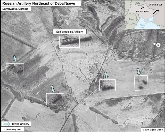 The United States government released Saturday, February 14, 2015, satellite images that, it said, show the presence in eastern Ukraine of artillery and air defense systems sent by Russia to the separatist rebels. 