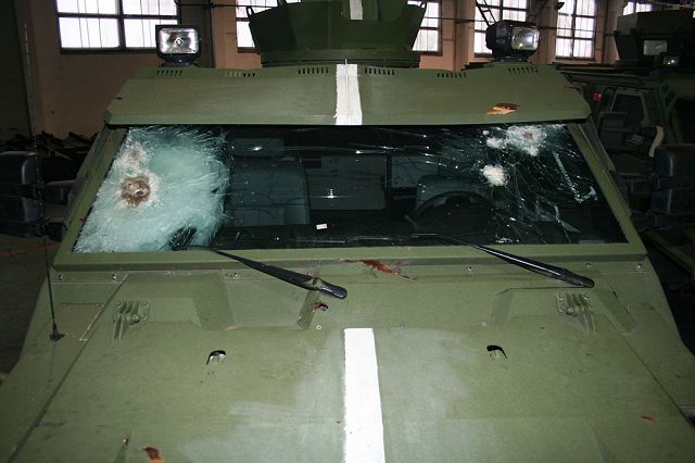 KrAZ-Spartan windshield was hit by 12,7 and 7,62 fire, the hull was hit by 12,7 and 14,5 projectiles. Armored capsule resisted but running gear was badly damaged.