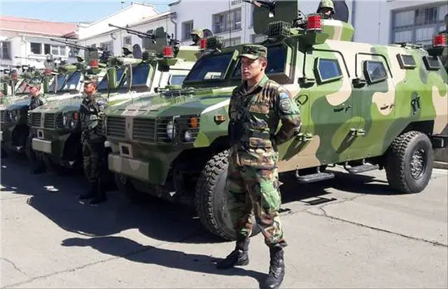 China donates 31 wheeled armoured vehicles to Bolivian armed forces, including 27 4x4 armoured vehicles personnel carrier Tiger manufactured by the Chinese Defense Company Shaanxi Baoji Special Vehicles Manufacturing and four anti-riot vehicles. 