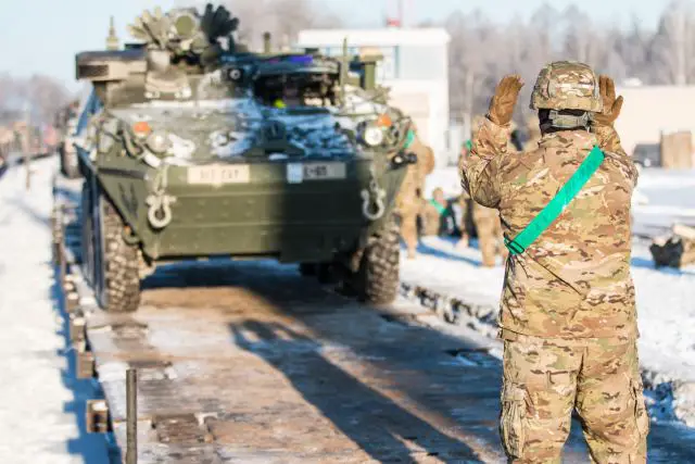 U.S. army soldiers, assigned to the 3rd Squadron, 2nd Cavalry Regiment, received more than 50 vehicles, to include 17 Stryker combat vehicles during a rail offload operation at Gaiziunai, Lithuania, Jan. 15. The receiving of this equipment now makes the Lightning Troop, based out of Vilseck, Germany, fully-mission capable as it begins its rotation in support of Operation Atlantic Resolve. 