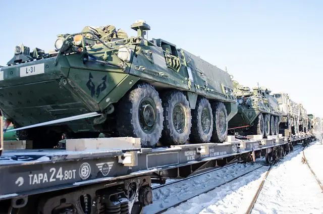 U.S. army soldiers, assigned to the 3rd Squadron, 2nd Cavalry Regiment, received more than 50 vehicles, to include 17 Stryker combat vehicles during a rail offload operation at Gaiziunai, Lithuania, Jan. 15. The receiving of this equipment now makes the Lightning Troop, based out of Vilseck, Germany, fully-mission capable as it begins its rotation in support of Operation Atlantic Resolve. 