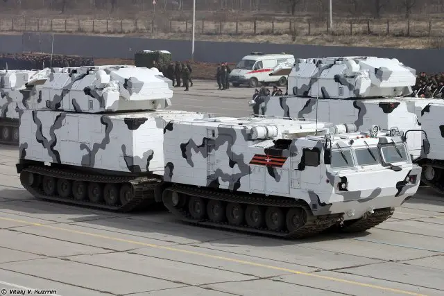 The TOR-M2DT is a Russian-made short-range air defense missile system using the TOR-M2 missile launcher station. The system is especially designed to be used for Arctic region based on the chassis of the DT-30PM tracked all-terrain vehicle which consists of two tracked vehicle units linked by a steering mechanism.Analysis by Army Recogntion online defense and security magazine editorial team of the Russian Victory Day parade in Moscow (Russia) to commemorate the 72nd anniversary of the capitulation of Nazi Germany in 1945. The annual parade is held May 9 and marks the Allied victory in World War II at the Eastern Front, on the same day as the signing of the German act of capitulation to the Allies in Berlin, at midnight of 9 May 1945 (Russian time).