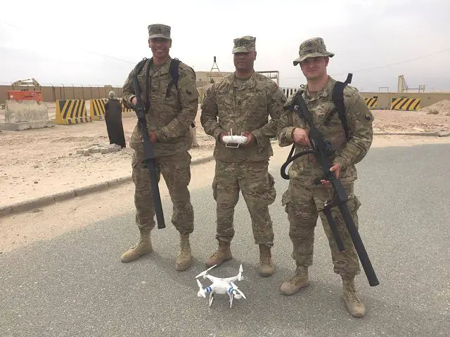 Recent attacks by the Islamic State of Iraq and Syria have changed the 21st-century battlespace by employing airborne drones for reconnaissance and attacks. To response to this new threat, U.S. Army soldiers trained with the DroneDefender, a point-and-shoot, electromagnetic, rifle-shaped weapon that disrupts communications between a remote-controlled drone and its operator. 