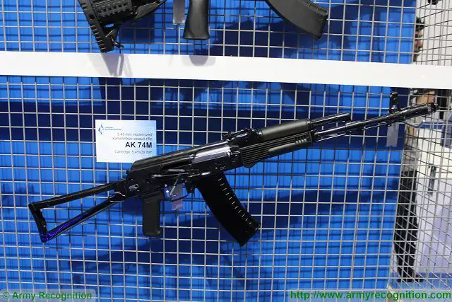 AK-74M assault rifle has a caliber 5.45 mm, an effective firing range of 1,000 m, a firing rate of 650 rounds per minute, a muzzle velocity of 900 m/s, a length (without bayonet, buttstock extended) of 943 mm, a weight (without bayonet and magazine) of 3.63 kg, and a magazine capacity of 30 rounds.