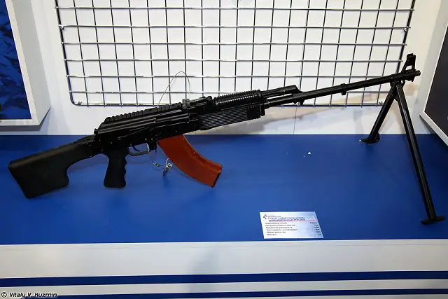RPK-203 is a 7.62 mm LMG. According to the specifications, it has a caliber of 7.62 mm, an effective firing range of 1,000 m, a firing rate of 600 rounds per minute, a muzzle velocity of 745 m/s, a length of 1,065 mm (in combat position), a weight of 6.2 kg (with loaded magazine), and a magazine capacity of 40 rounds.