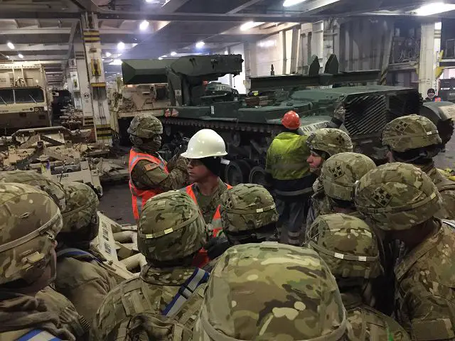 Hundreds of U.S. main battle tanks, infantry fighting vehicles, trucks and other military equipment arrived by ship in Germany on Friday, January 5, 2016 to be transported by rail and road to eastern Europe beginning a nine-month rotation of U.S. Army forces supporting Atlantic Resolve.