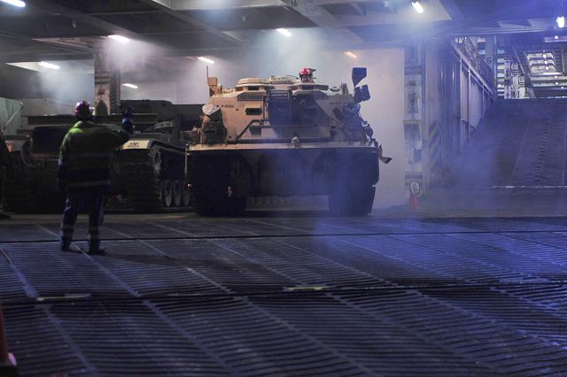 Hundreds of U.S. main battle tanks, infantry fighting vehicles, trucks and other military equipment arrived by ship in Germany on Friday, January 5, 2016 to be transported by rail and road to eastern Europe beginning a nine-month rotation of U.S. Army forces supporting Atlantic Resolve.