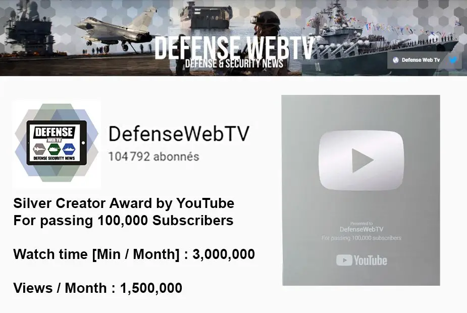 YouTube Silver Award for Defense Web TV 100000 subscribers 925 001