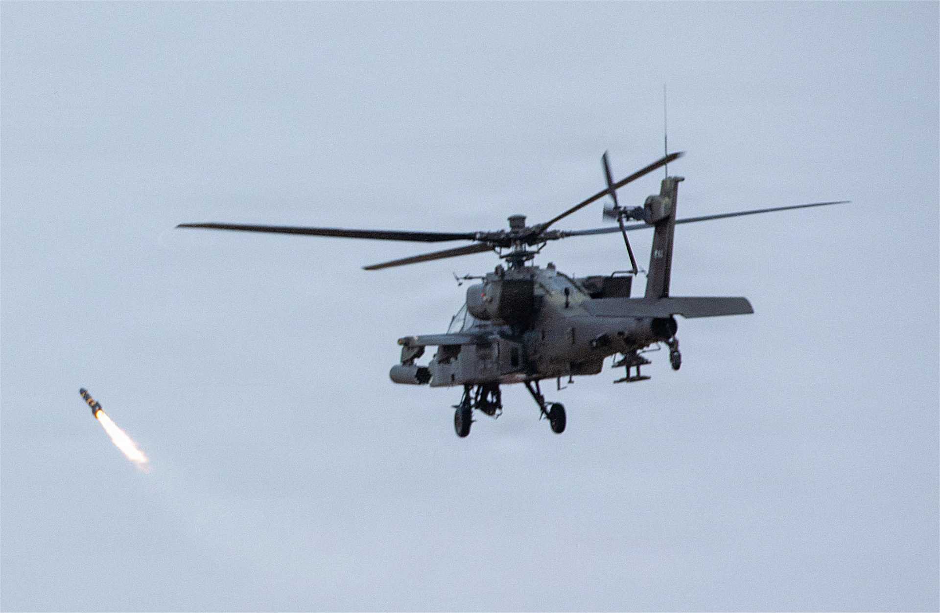 U.S. Army AH-64E Apache attack helicopter demonstrates counter-drone capability in Kuwait