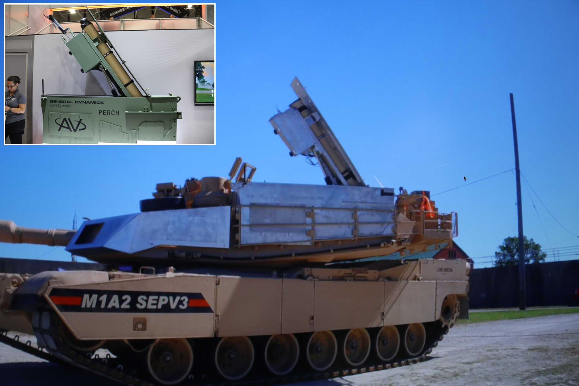 PERCH loitering munition launcher integrated on a U.S. Army M1A2 Abrams SEPv3, demonstrated by General Dynamics Land Systems at AUSA 2025, showcasing new over-the-horizon strike capability without modifying the tank’s structure.