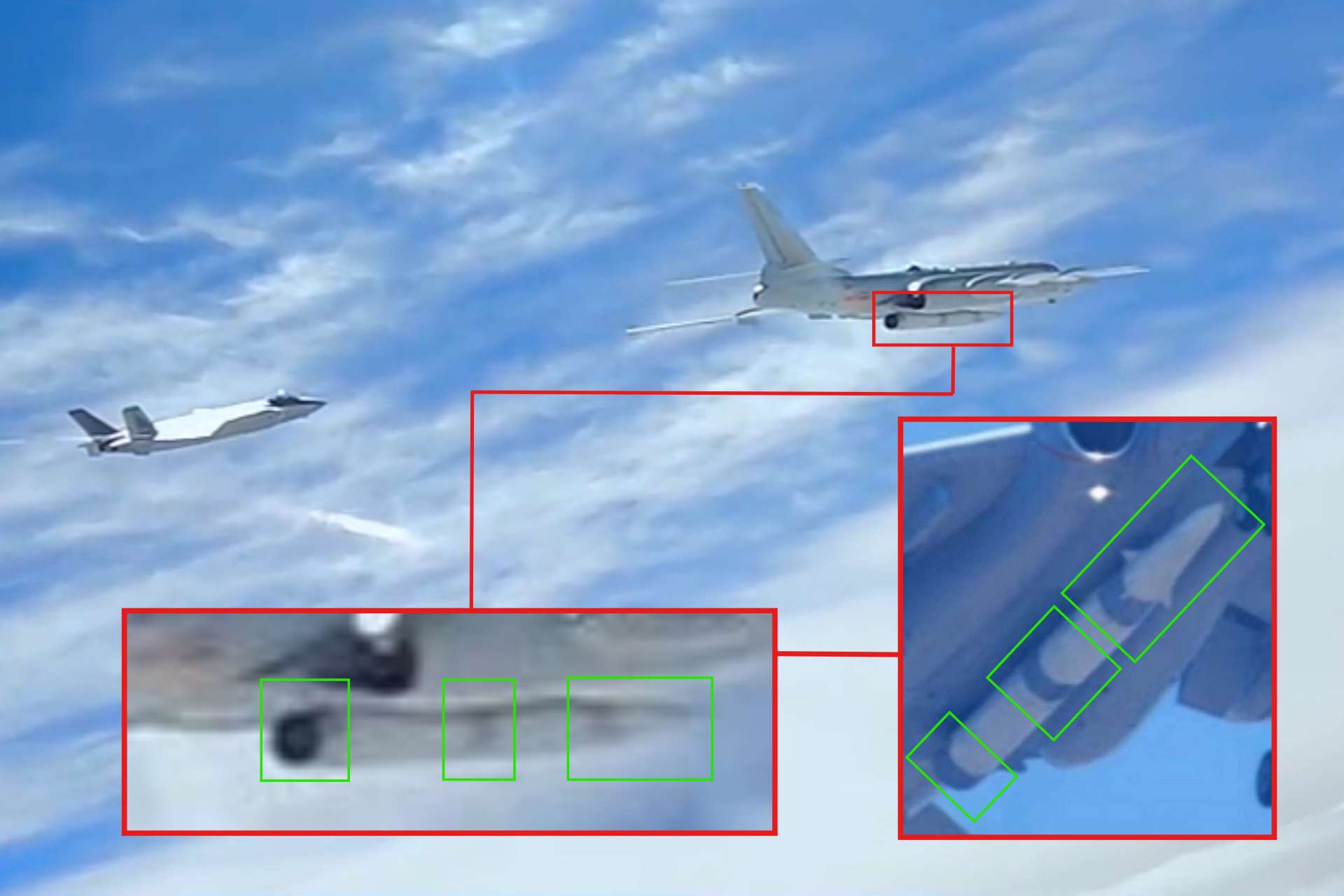 China’s H-6N bomber, carrying the Jinglei-1 air-launched ballistic missile under J-20 escort, signals a protected nuclear strike concept built around stealth fighters, tankers, sensors and joint command networks (Picture Source: CCTV / Chinese Social Media / Edited By Army Recognition Group)