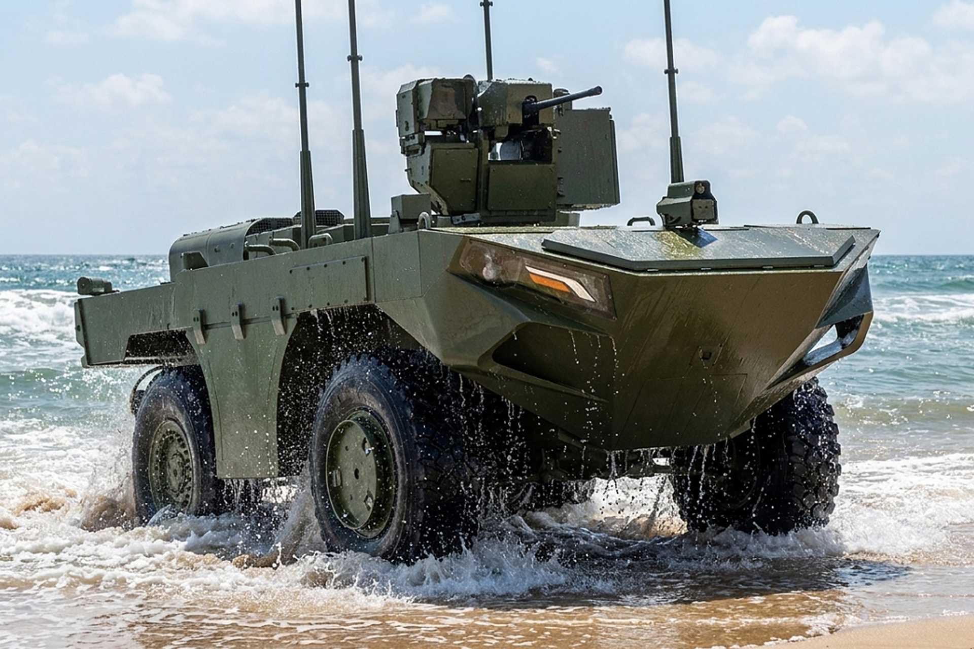 The U-MAV's maximum road and water speeds allow the vehicle to keep pace with MAV formations during the ship-to-shore and shore-to-inland transition instead of becoming a mobility bottleneck. (Picture source: FNSS)