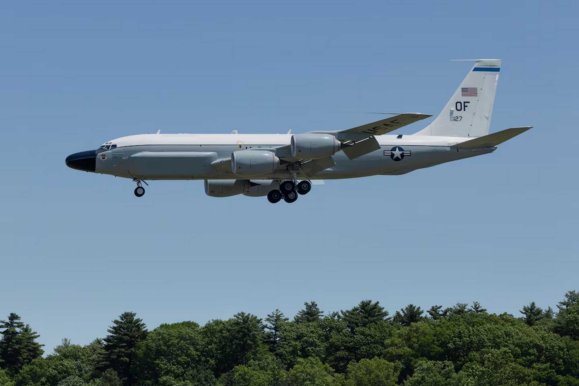 A U.S. Air Force TC-135 from the 55th Wing flies during Exercise Ravitaillement en Vol, supporting the first U.S.-U.K.-France RC-135 aerial refueling integration with a French A330 MRTT Phénix. The exercise established a repeatable framework for allied tanker support to NATO intelligence aircraft.
