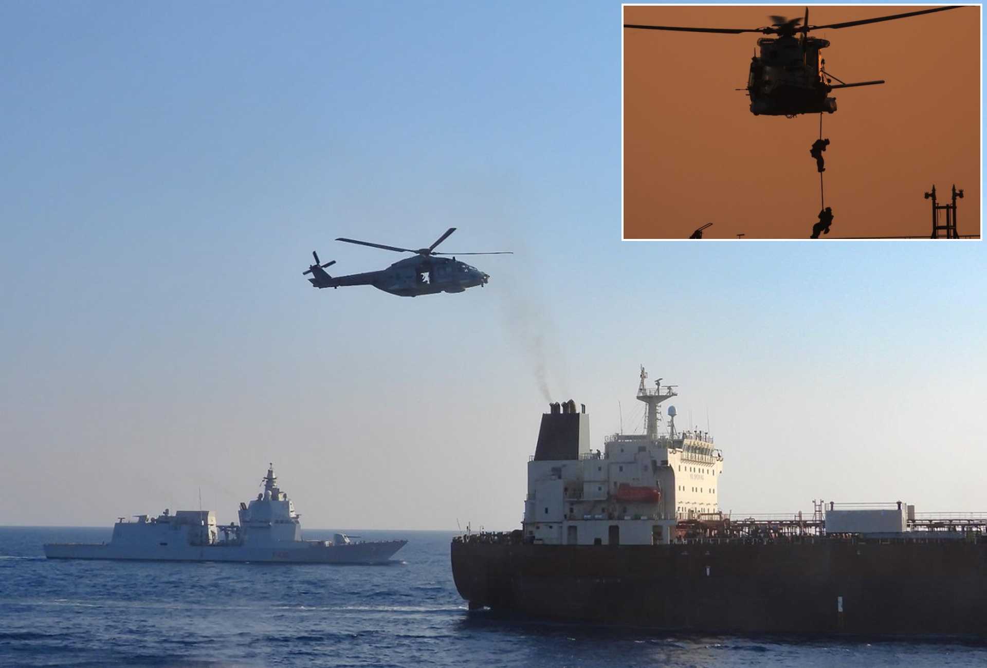 Italian Navy personnel board the suspected Russian shadow fleet oil tanker Toa Payoh from a helicopter launched by ITS Thaon di Revel during an EU sanctions enforcement operation in the Mediterranean on August 2, 2026. (Photo: Italian Ministry of Defence)