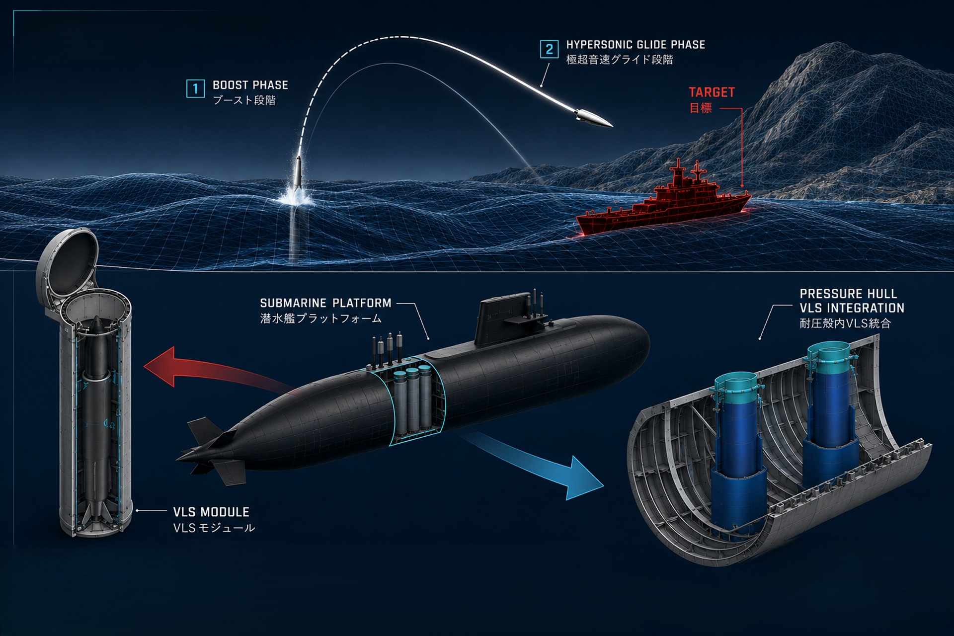 Official Japan Ministry of Defense rendering, reworked and edited by Army Recognition, showing a submarine equipped with a vertical launch system as Japan moves toward underwater-launched long-range and hypersonic strike capabilities (Picture Source: Japanese MOD / Edited By Army Recognition Group) © Army Recognition Group. All rights reserved. Unauthorized use, reproduction, or distribution prohibited.
