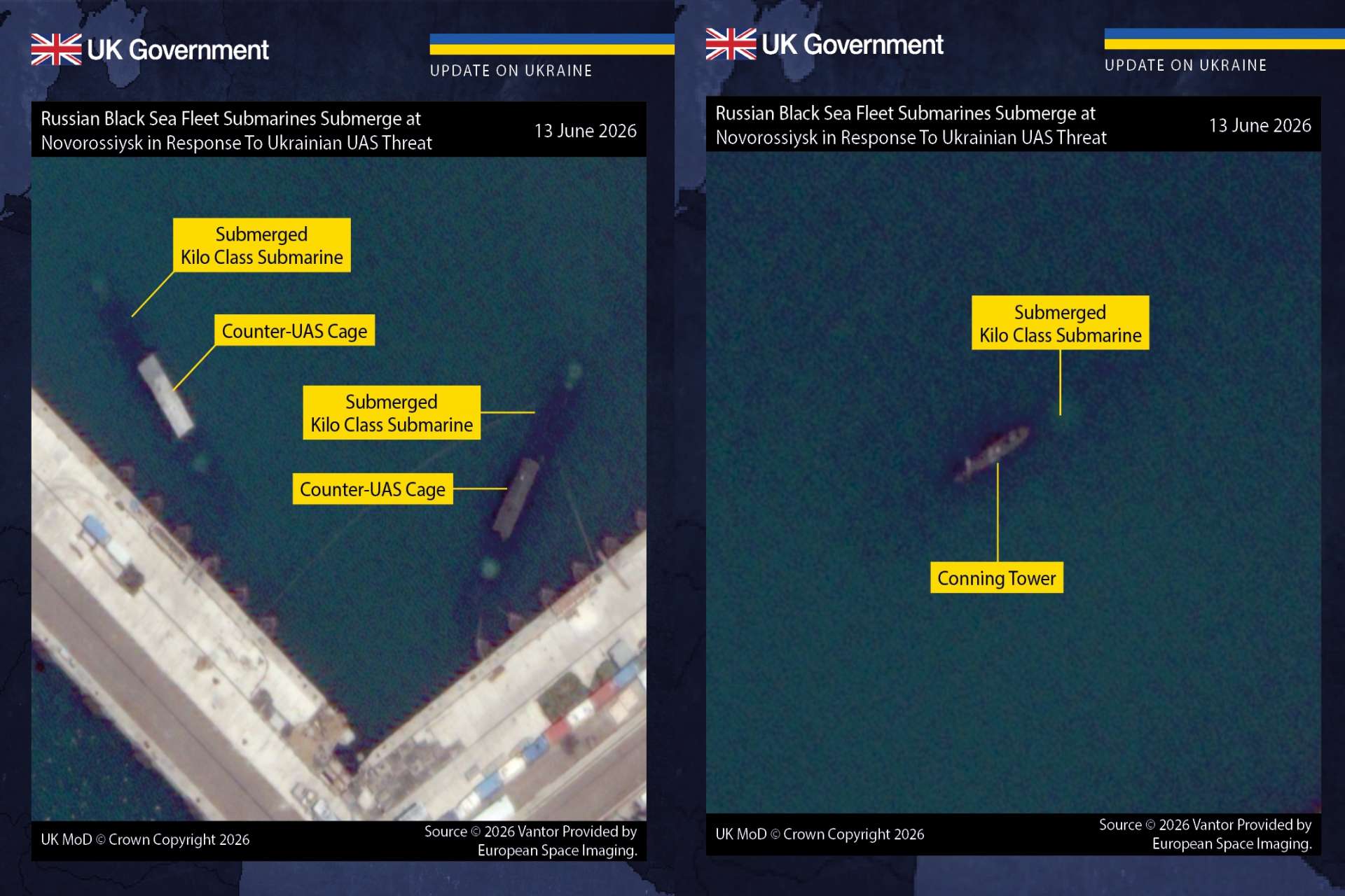Three Russian Kilo-class submarines at Novorossiysk have been fitted with counter-drone cages and partially submerged at berth to protect exposed sail equipment and preserve their Kalibr cruise-missile strike capability (Picture source: UK MoD).