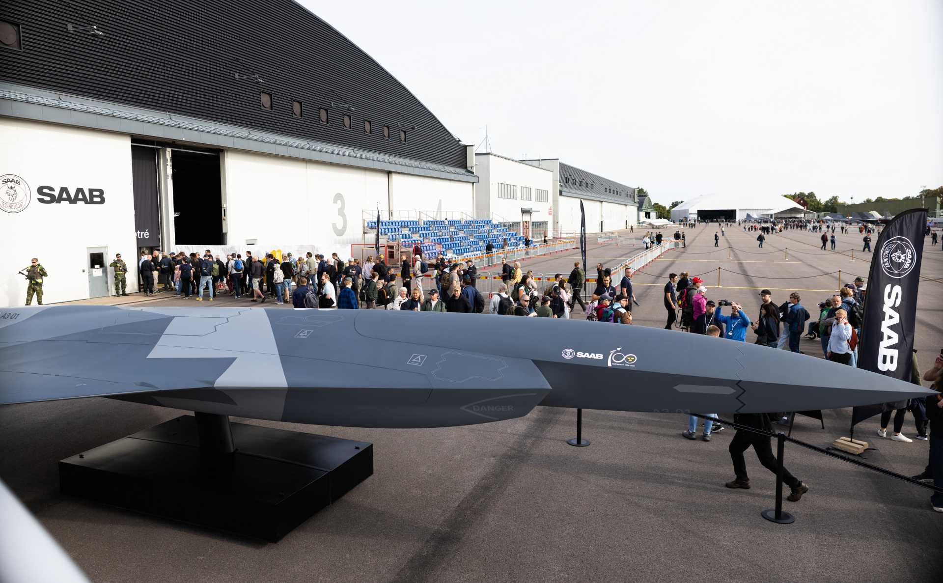 Swedish Company Saab unveils the A3-001, a full-scale concept for a future autonomous combat aircraft designed to operate alongside Gripen fighters in contested airspace.