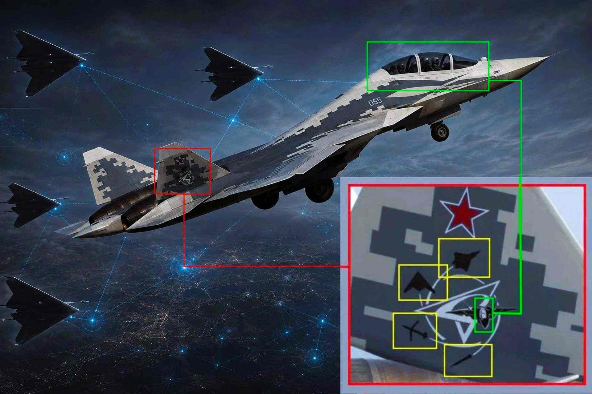 Russia plans to use the two-seat Su-57D fighter to test combat artificial intelligence for controlling the S-70 Okhotnik and future groups of autonomous combat drones (Picture Source: Russian Social Media / Edited By Army Recognition Group)