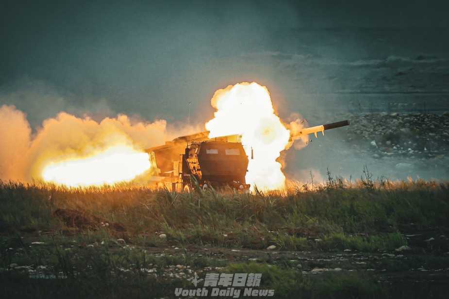 Taiwan Army M142 HIMARS multiple rocket launchers conduct a coastal live-fire exercise. The U.S.-supplied rocket systems form part of Taiwan’s expanding long-range precision strike capability and could use targeting data from reconnaissance unmanned aerial vehicles to engage Chinese amphibious forces during a cross-Strait assault.