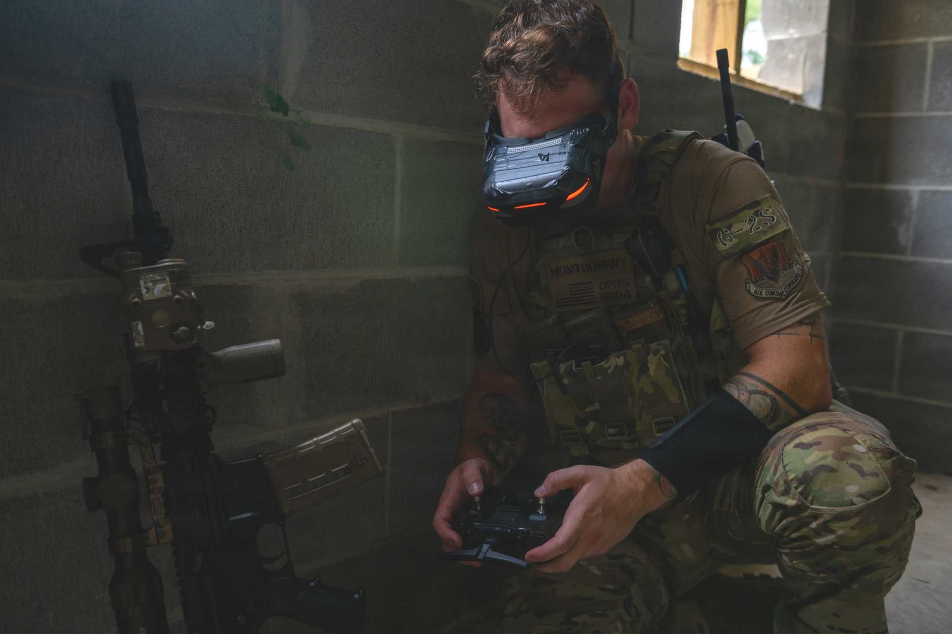 U.S. Air Force Staff Sgt. Connor Montgomery displays FPV drone goggles during training at Moody Air Force Base, Georgia, on July 14, 2026. The Air Force is expanding FPV drone capabilities to strengthen reconnaissance, force protection, and Agile Combat Employment, incorporating lessons from Ukraine's battlefield use of low-cost unmanned systems. (Picture source: U.S. Air Force)