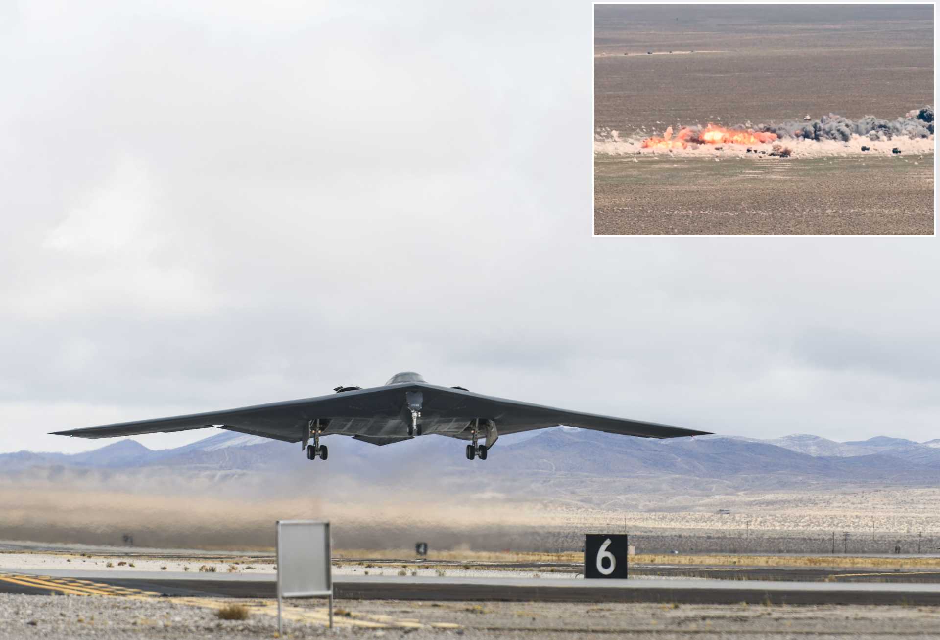 A U.S. Air Force B-2 Spirit stealth bomber conducts live-fire precision-strike training at the Nevada Test and Training Range on August 3, 2026, with the vignette highlighting both the aircraft and the effects of its weapons employment on the target area.