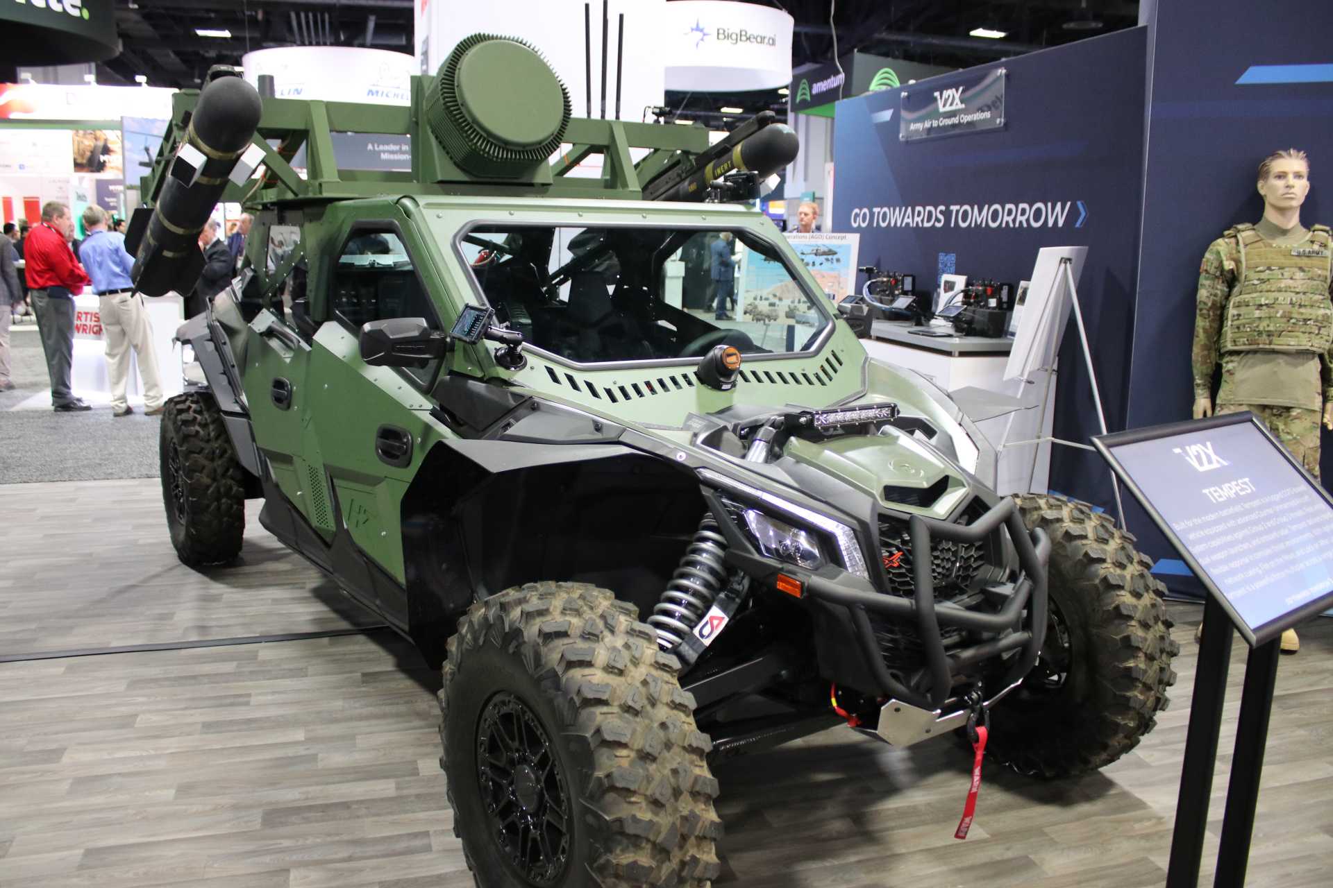 V2X Tempest counter-drone vehicle displayed at AUSA 2025 in Washington, D.C., featuring a mobile C-UAS configuration with dual missile launchers designed to detect, engage, and defeat Class 2 and Class 3 unmanned aerial systems.