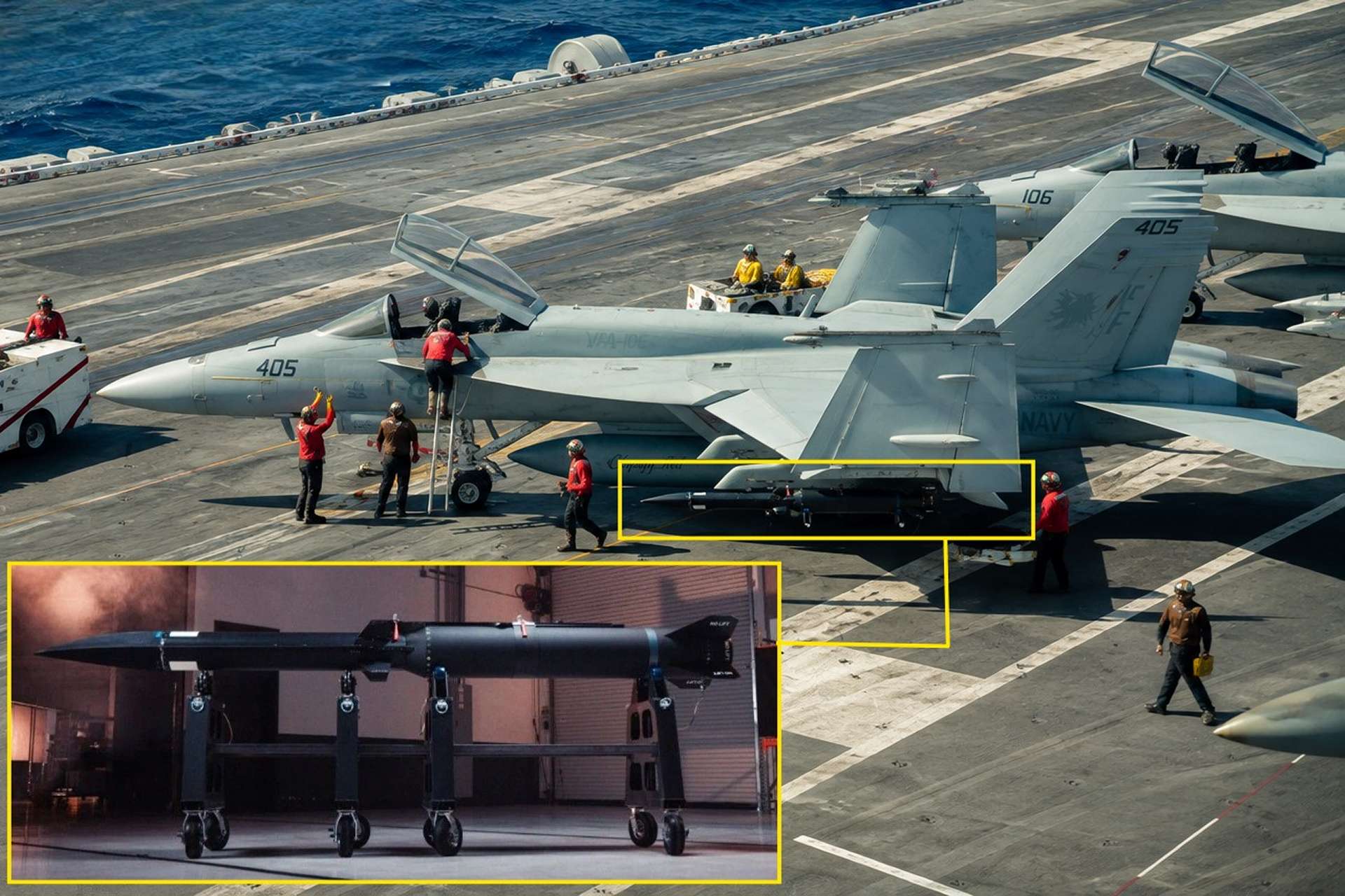The image is an unofficial edited illustration intended to show how the Blackbeard missile could potentially be integrated with the F/A-18; while the missile imagery and the photograph of the carrier-based F/A-18 are real, their combination in this scene is not an authentic operational photograph (Picture Source: U.S. Navy/ Castelion / Edited By Army Recognition Group)