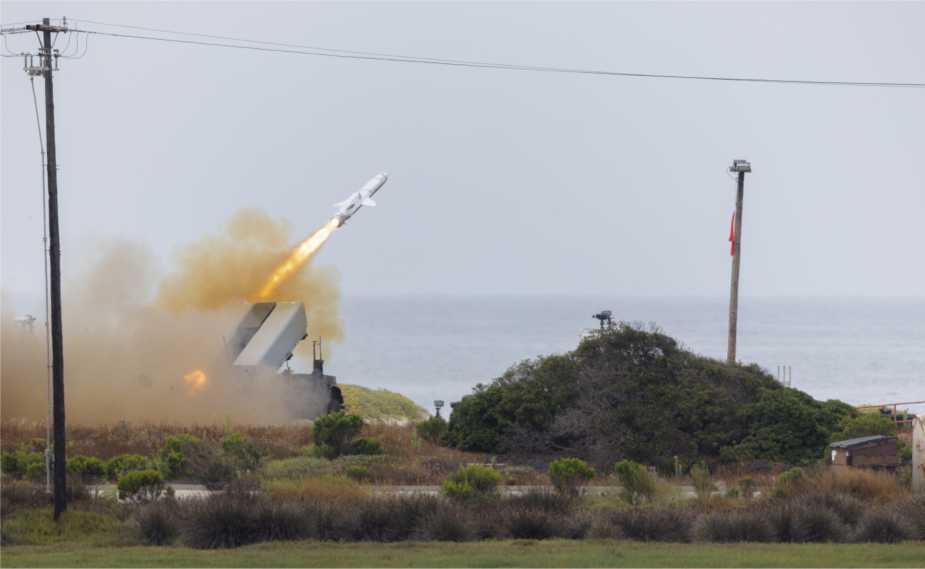 The U.S. Marine Corps Navy-Marine Expeditionary Ship Interdiction System (NMESIS) launches a Naval Strike Missile during a live-fire exercise, demonstrating the mobile land-based anti-ship capability designed to support sea denial and threaten hostile surface vessels from dispersed coastal positions. (Photo courtesy of U.S. Marine Corps)