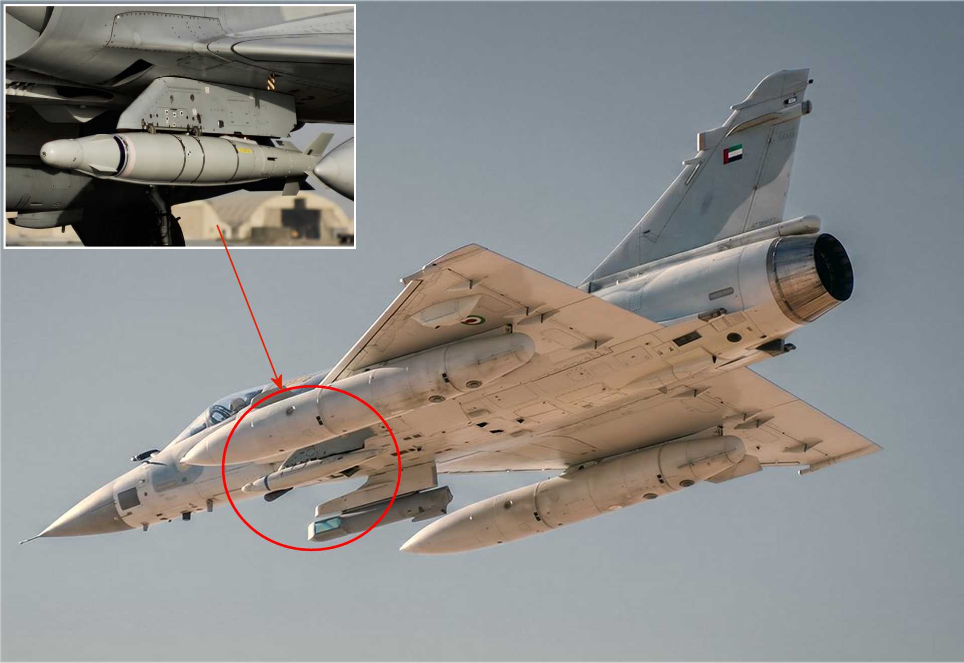 A UAE Air Force Mirage 2000-9 multirole fighter aircraft armed with HALCON's Thunder precision-guided bomb conversion kit. The EDGE Group-developed smart weapon transforms standard Mk 81 and Mk 82 bombs into low-cost precision-guided munitions, significantly enhancing the aircraft's strike capability for sustained combat operations. (Picture source: EDGE Group/X)