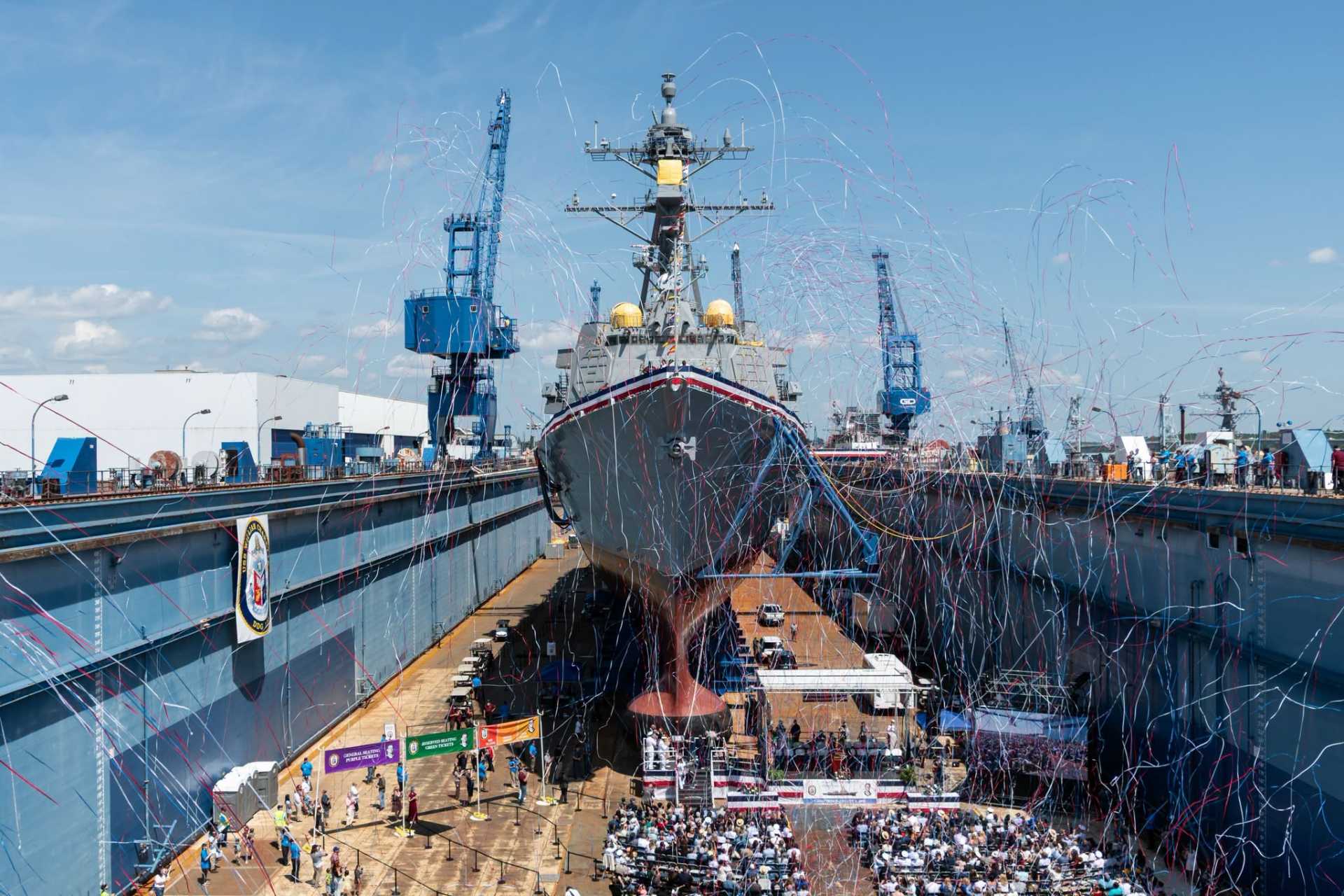 The future USS William Charette (DDG 130) is the second Flight III destroyer completed by Bath Iron Works, the 43rd Arleigh Burke-class destroyer built at the yard, and one of the newest hulls in a program that had delivered 75 ships by mid-2026. (Picture source: BIW)