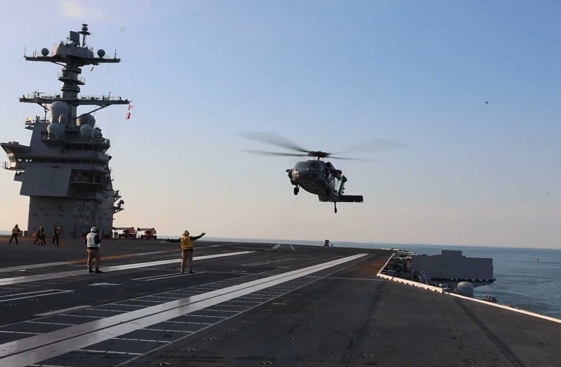 New Ford-class USS John F. Kennedy CVN 79 Validates Flight Deck with First MH-60S Helicopter Landing