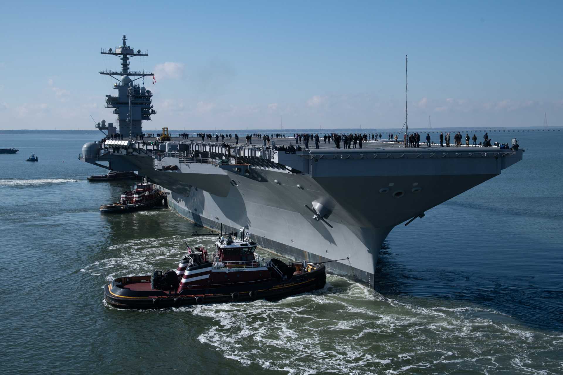 The construction of the USS John F. Kennedy began on July 20, 2015, at Newport News Shipbuilding, where structural assembly continued through 2019. The ship was launched on October 29, 2019, and christened on December 7, 2019, after which extensive outfitting followed over several years. (Picture source: HII)
