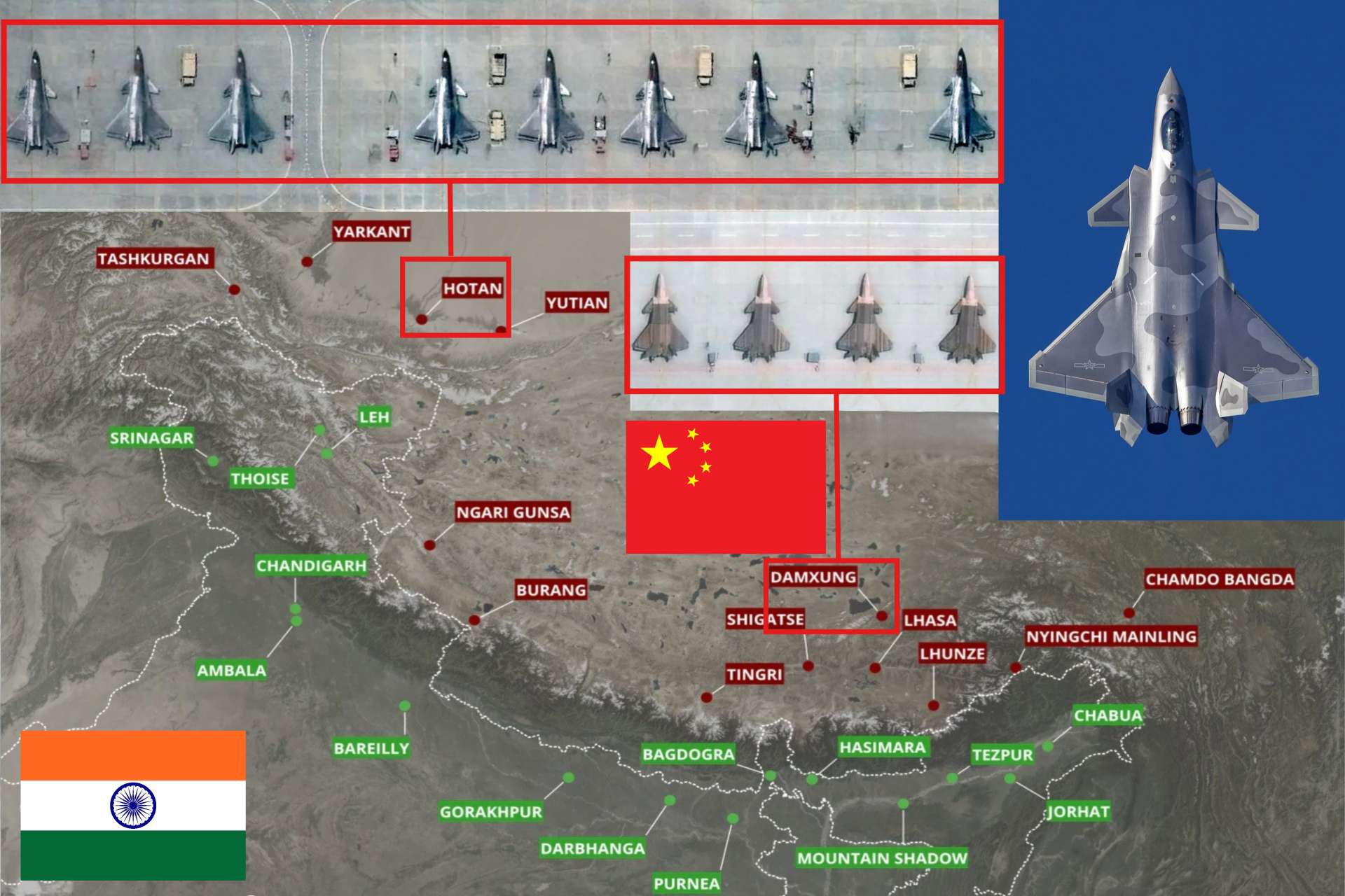 New satellite imagery indicates that China positioned at least 11 J-20 stealth fighters at Hotan and Damxung, underscoring Beijing’s ability to project advanced airpower across multiple Himalayan approaches facing India (Picture Source: Vantor /NDTV / China PLAAF/ Wikimédia/ Edited By Army Recognition Group) © Army Recognition Group. All rights reserved. Unauthorized use, reproduction, or distribution prohibited.