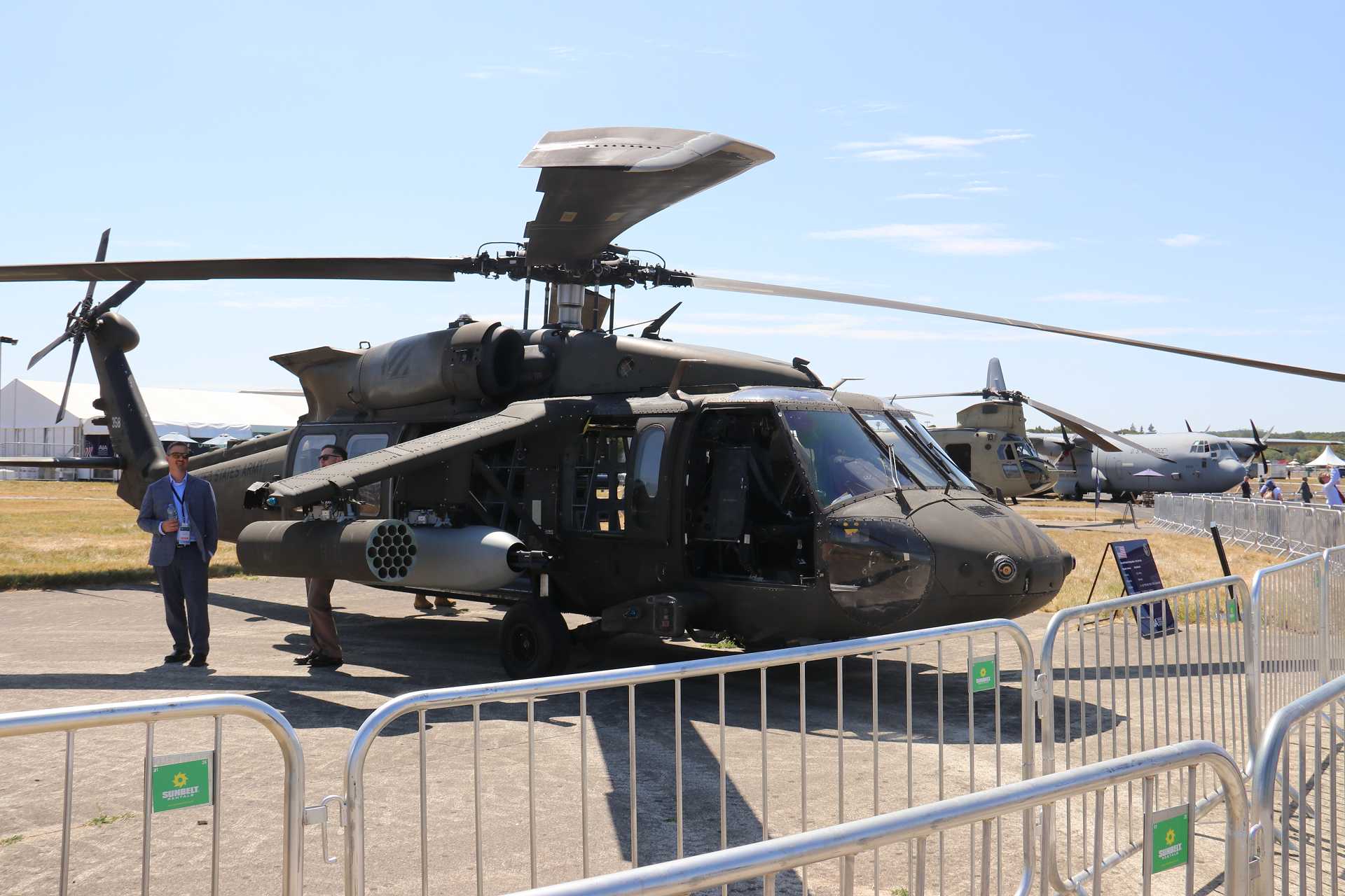 Lockheed Martin displays the Armed Black Hawk at the Farnborough International Airshow 2026, showcasing a combat-configured UH-60/S-70 helicopter equipped with Hellfire and JAGM missile capability while retaining its multirole transport mission. (Picture source: Army Recognition Group)