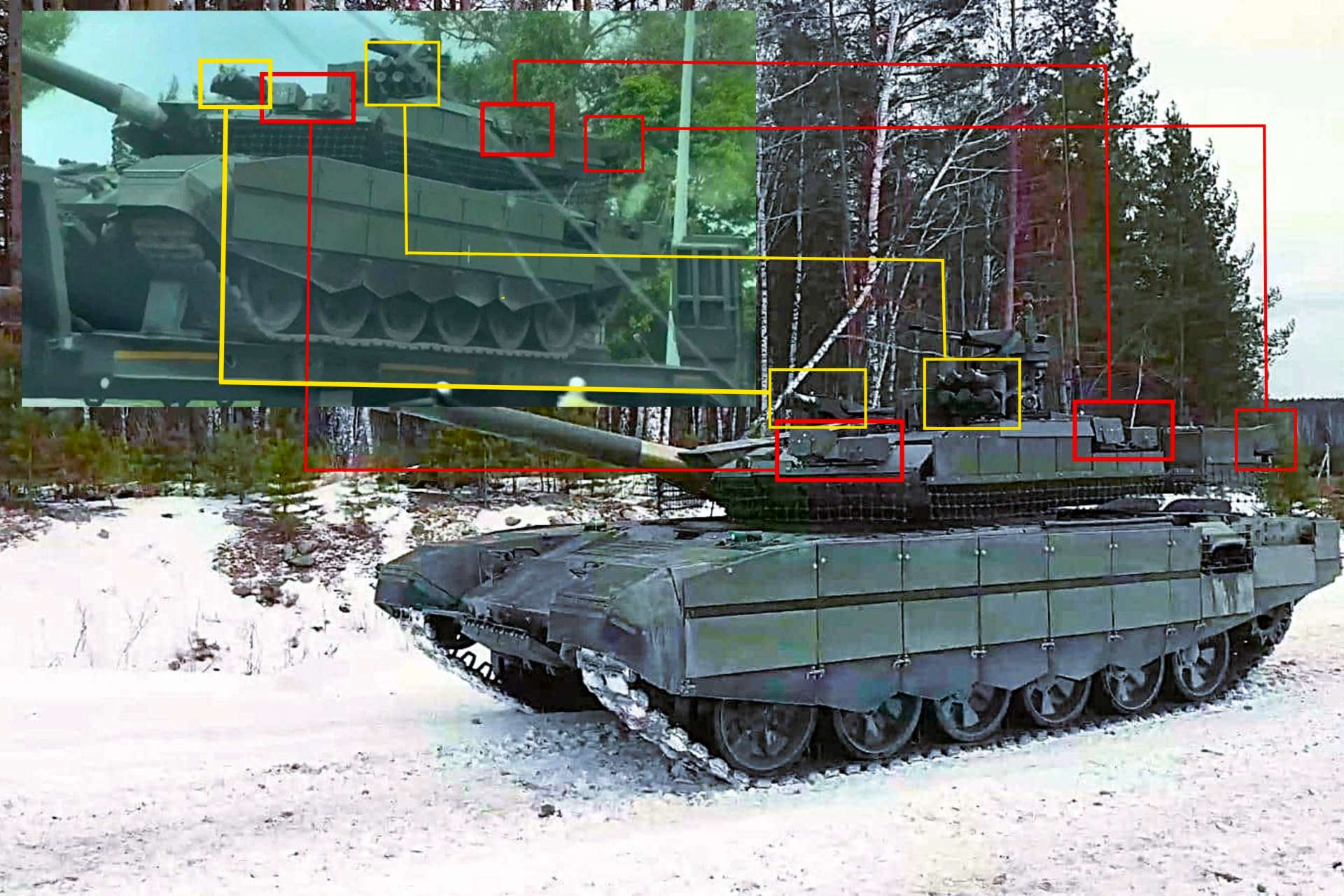 New imagery suggests Russia may be moving Arena-M active protection beyond factory display toward early T-90M distribution, signaling a push for layered tank defenses against drones, missiles, and top-attack threats (Picture Source: Uralvagonzavod / Russian Media / Edited By Army Recognition Group)