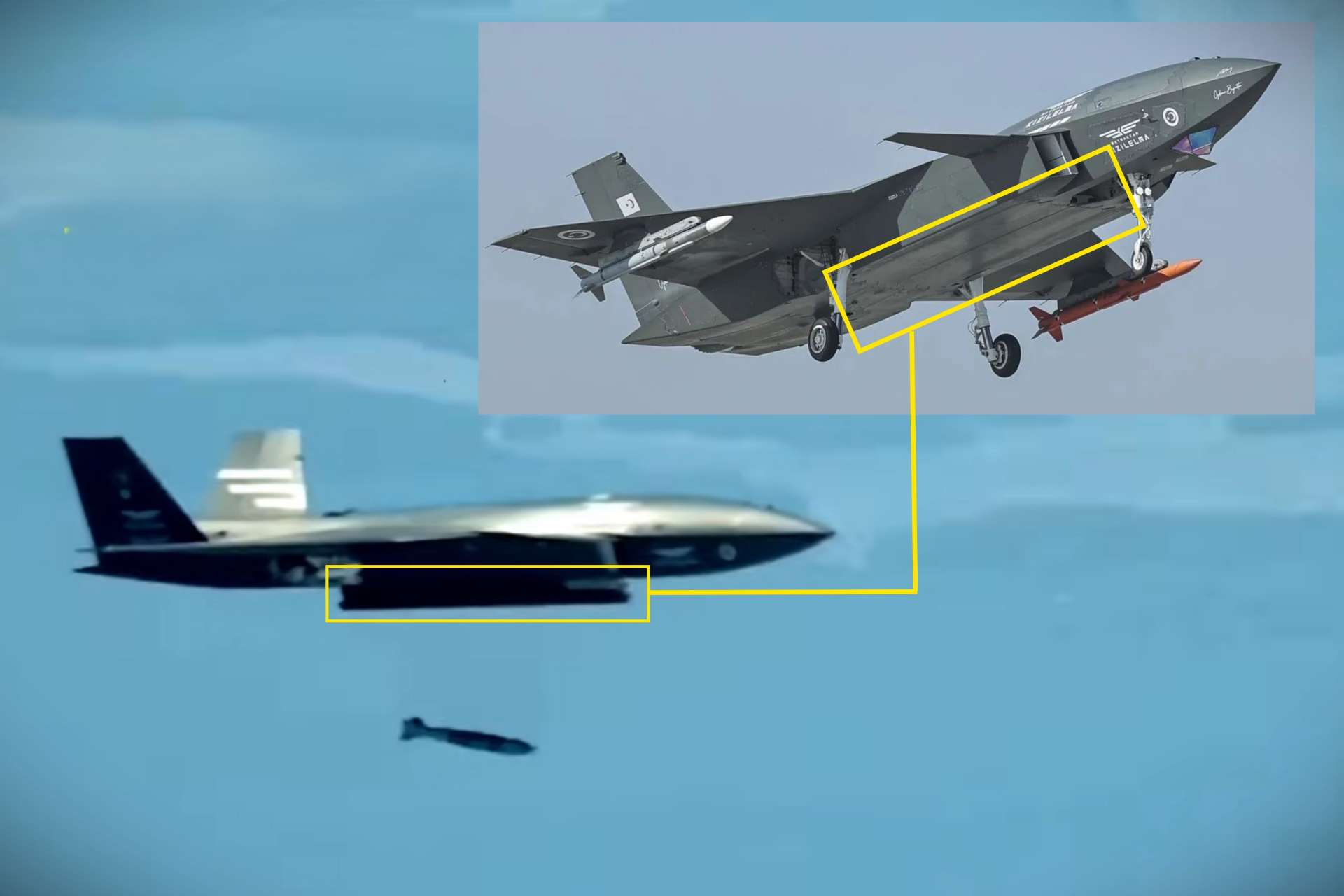 Baykar said Bayraktar KIZILELMA released TEBER-82 and TOLUN-P precision munitions from its internal weapons bay and struck designated targets, validating internal carriage for lower-observable combat missions (Picture Source: Baykar / TRT Afrika / Edited By Army Recognition Group)