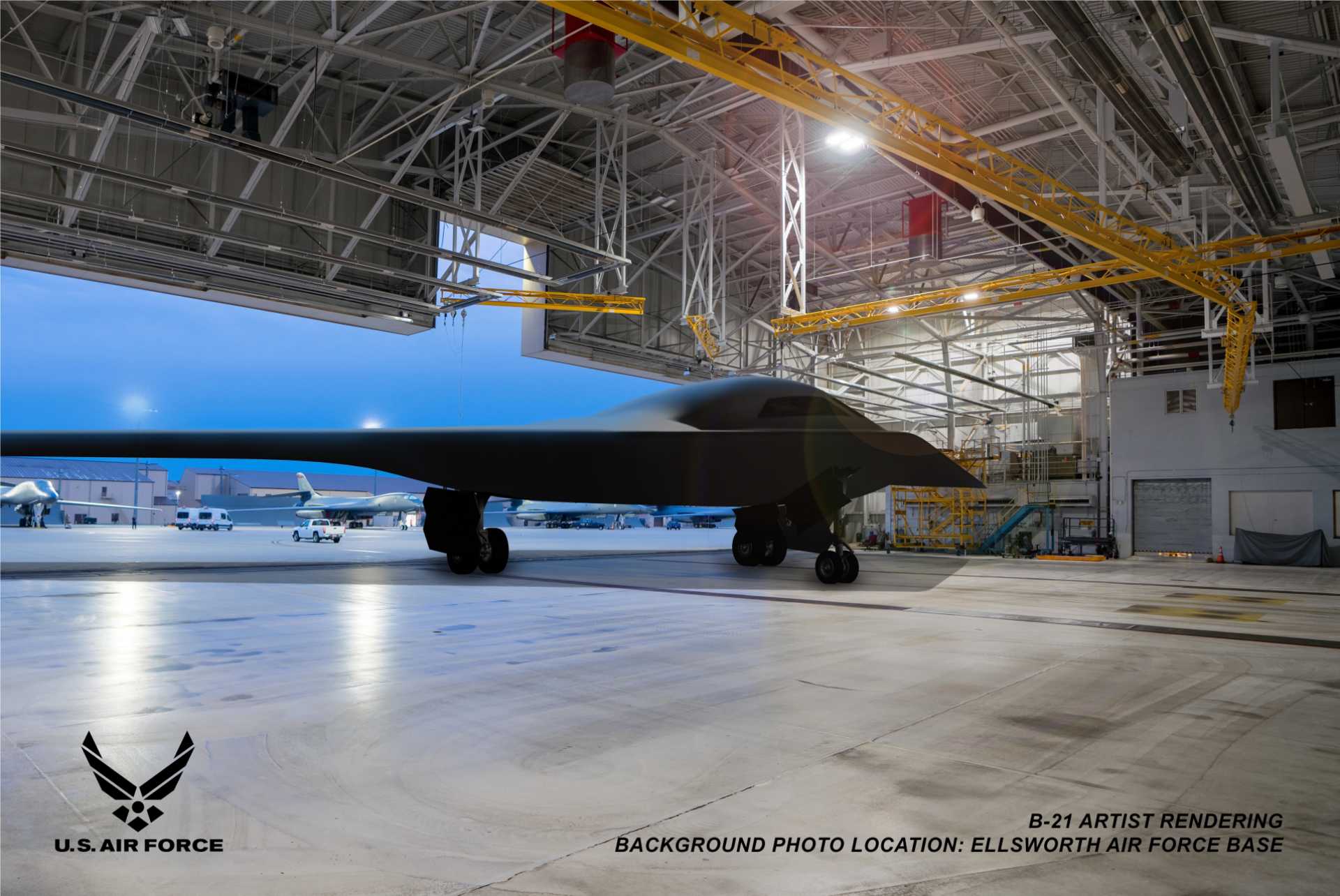 Artist’s rendering of a U.S. Air Force B-21 Raider inside a maintenance hangar at Ellsworth Air Force Base, the future first operational base and training center for the next-generation stealth bomber. (Picture source: U.S. Air Force)
