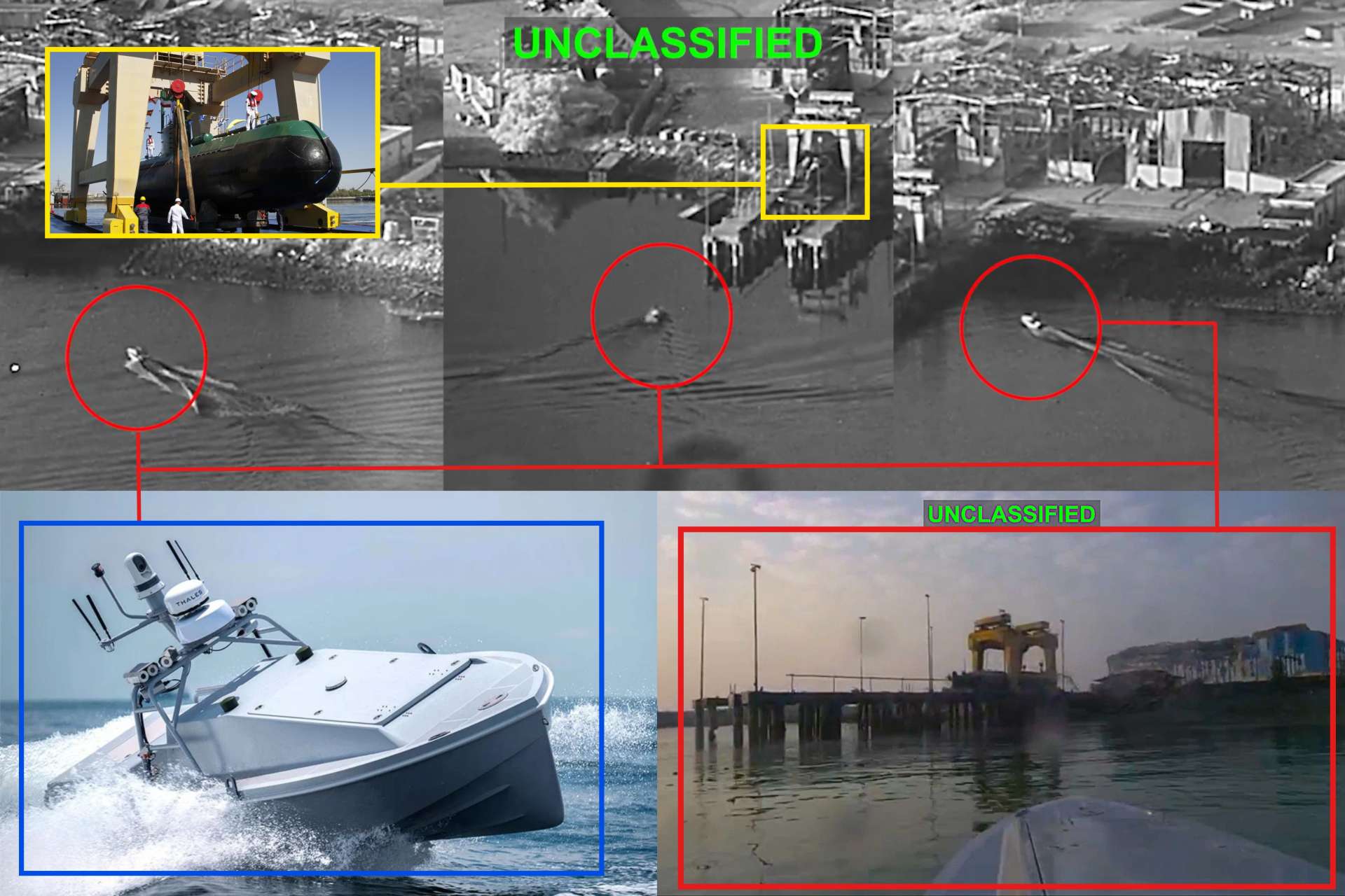 Three U.S. Corsair unmanned surface vessels struck a submarine maintenance facility at Bandar Abbas, marking America’s first acknowledged combat use of one-way attack drone boats (Picture Source: U.S. CENTCOM / Saronic Technologies / Iranian Media / Edited By Army Recognition Group) © Army Recognition Group. All rights reserved. Unauthorized use, reproduction, or distribution prohibited.