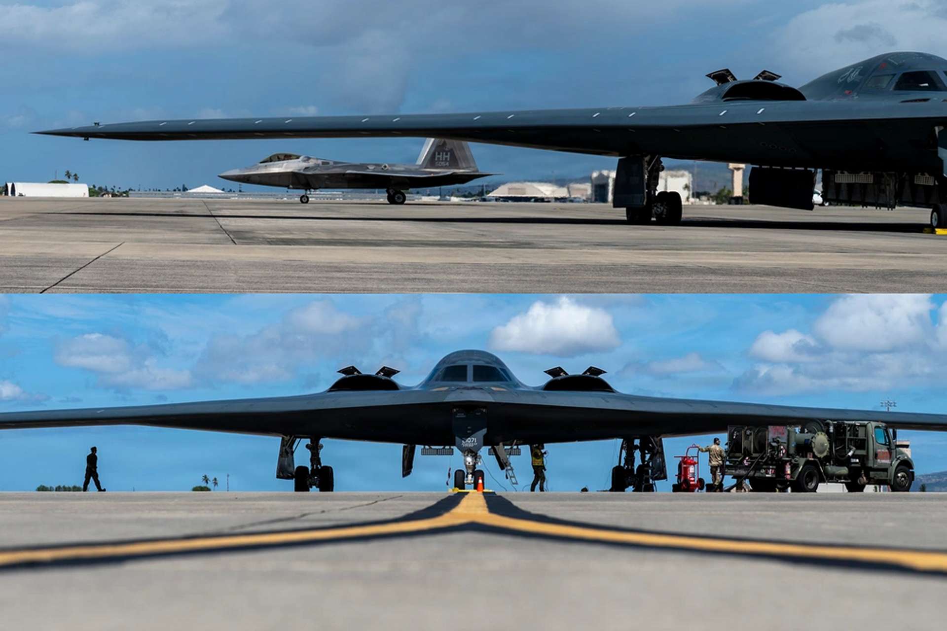 Two U.S. Air Force B-2 Spirit bombers and F-22 Raptor fighters conduct integrated operations at Joint Base Pearl Harbor-Hickam on July 1, 2026, combining long-range stealth strike, air superiority and forward sortie-generation capabilities for Indo-Pacific missions (Picture source: U.S. DoW).