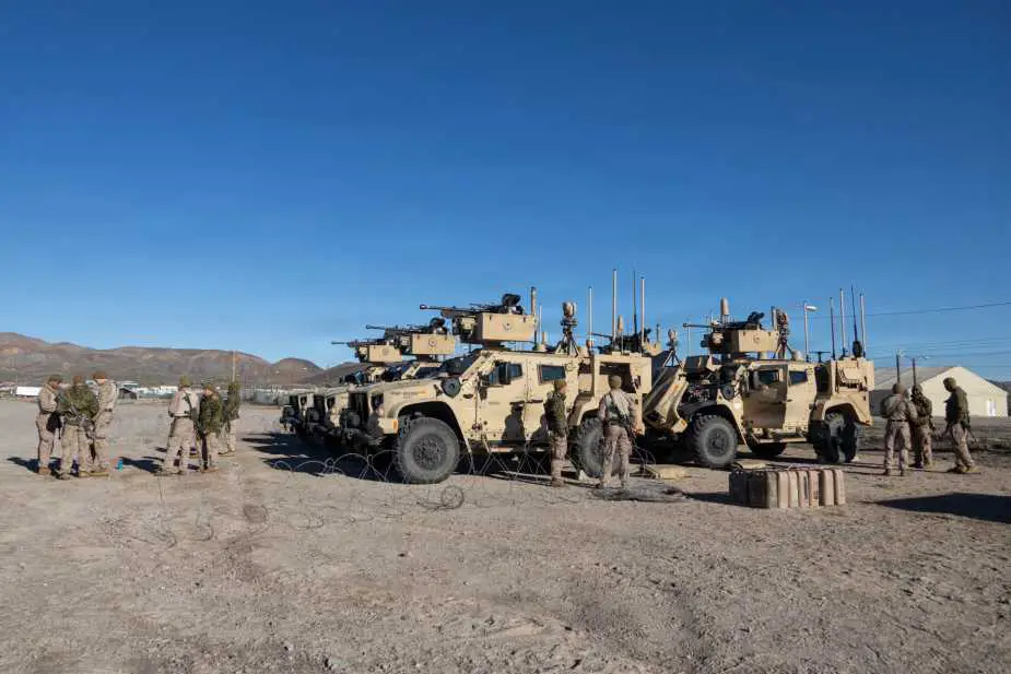 U.S. Marine Corps MADIS vehicles from the 3rd Littoral Anti-Air Battalion are staged during field training at Fort Irwin, California, on February 21, 2026. (Picture source: U.S. Department of War/Defense)