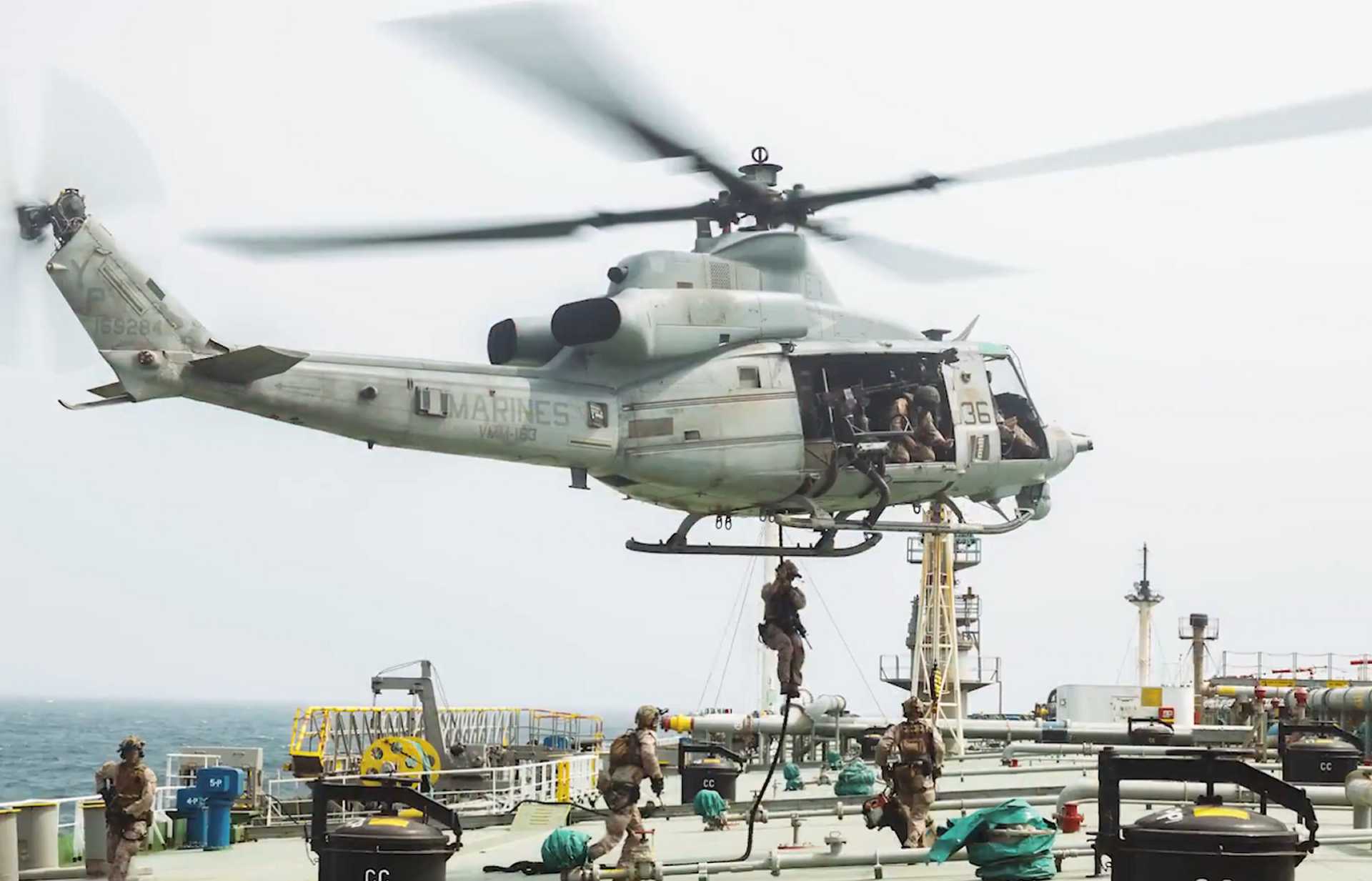 U.S. Marines assigned to the 11th Marine Expeditionary Unit board the commercial tanker M/T Wen Yao during a verification boarding operation in the Gulf of Oman on July 16, 2026. The inspection formed part of U.S. Central Command's enforcement of the maritime blockade against Iran, with the Strait of Hormuz remaining open to lawful international shipping. (Picture source: U.S. Central Command)